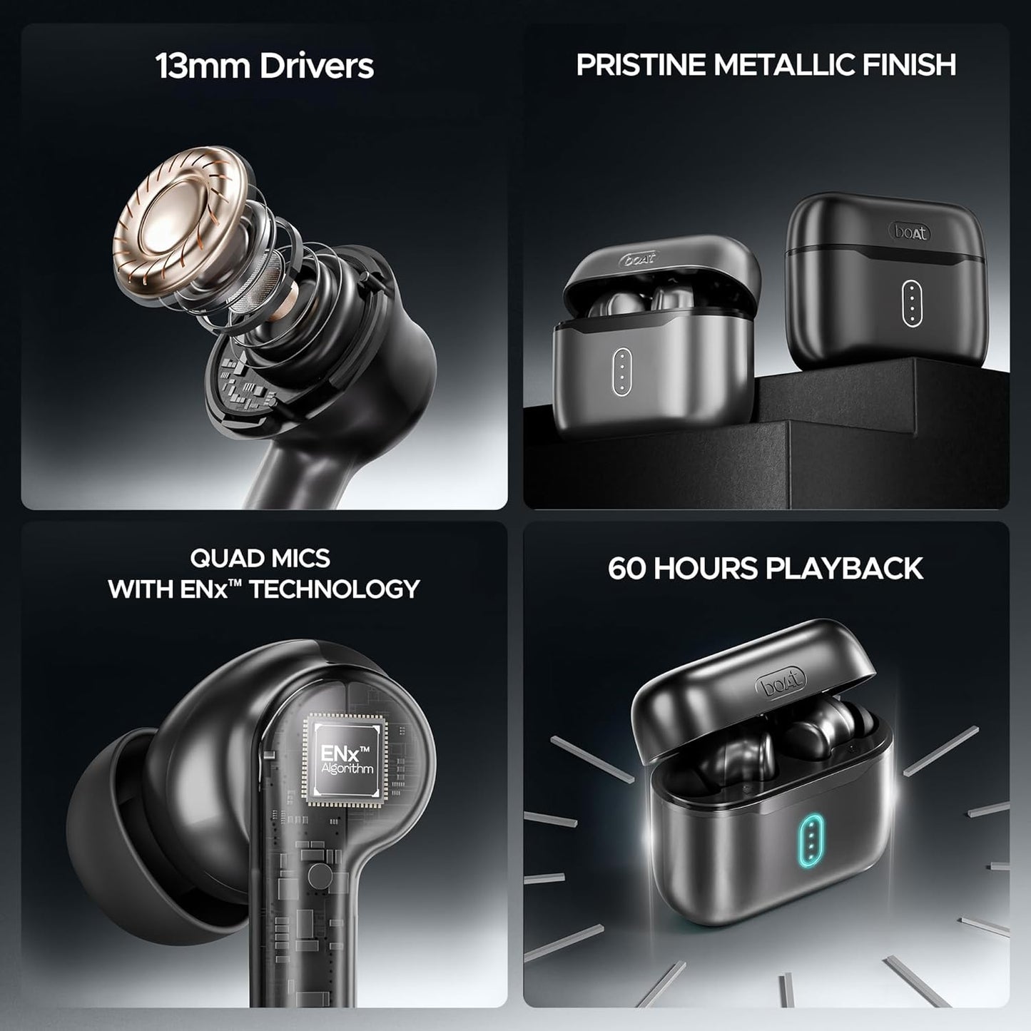 Boat Airdopes 141 pro 13mm Drivers, Metallic Finish, 60HRS Battery, 4Mics ENx, Fast Charge