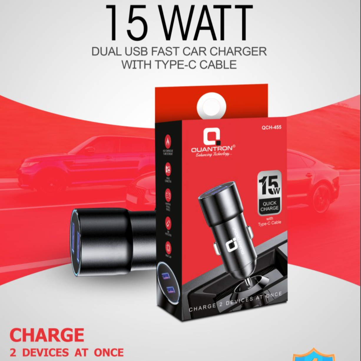 Quantron 15W Car charger-with Type C cable