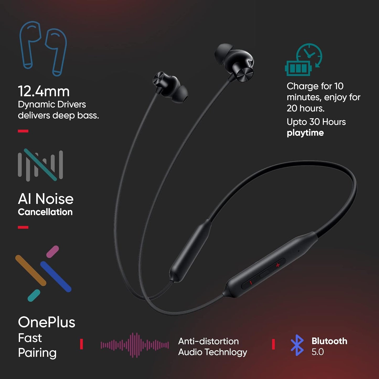 One Plus Bullets Z2-Bombastic Bass - 12.4 mm Drivers, 10 Mins Charge - 30hrs battery life